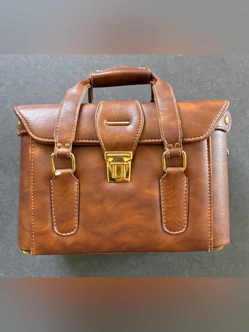 Brown Leather DLSR Camera Bag with Gold Hardware